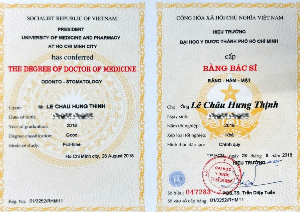 Bằng cấp bác sĩ Thịnh Bằng cấp bác sĩ Thịnh