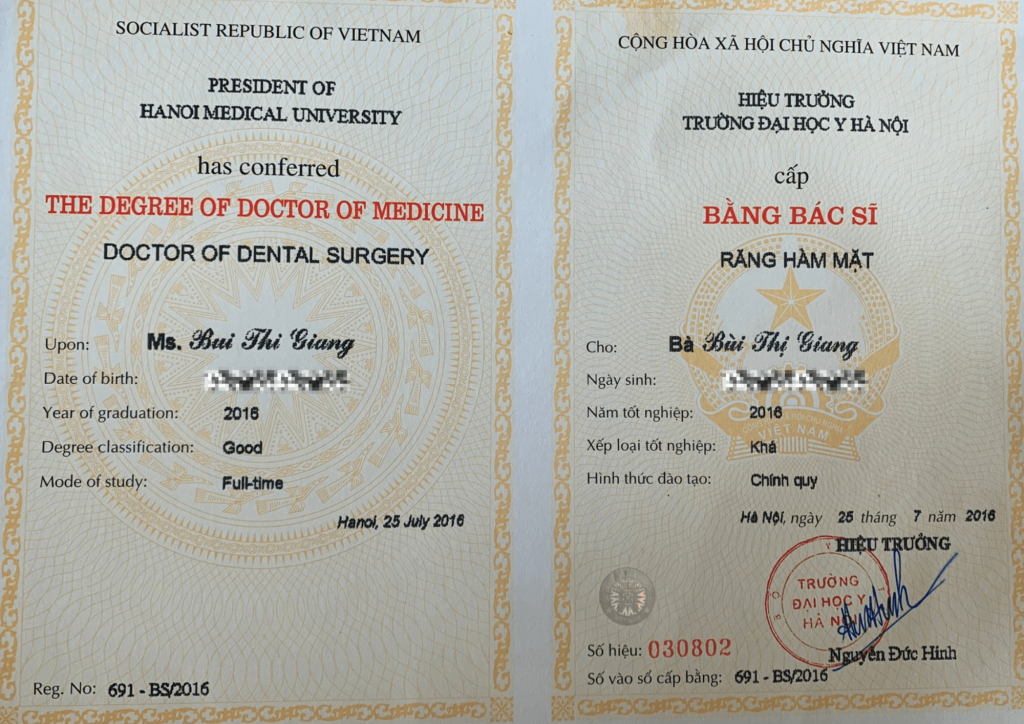 Bằng cấp bác sĩ Giang